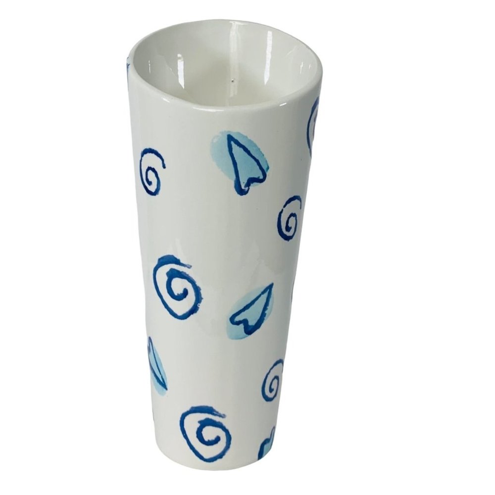 Whimsical Art Deco Slanted Ceramic Vase 11.5" Blue White Heart Swirl Shapes